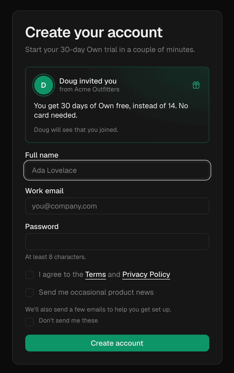 Benson's sign-up form with a card saying Doug invited you: 30 days of Own free, instead of 14