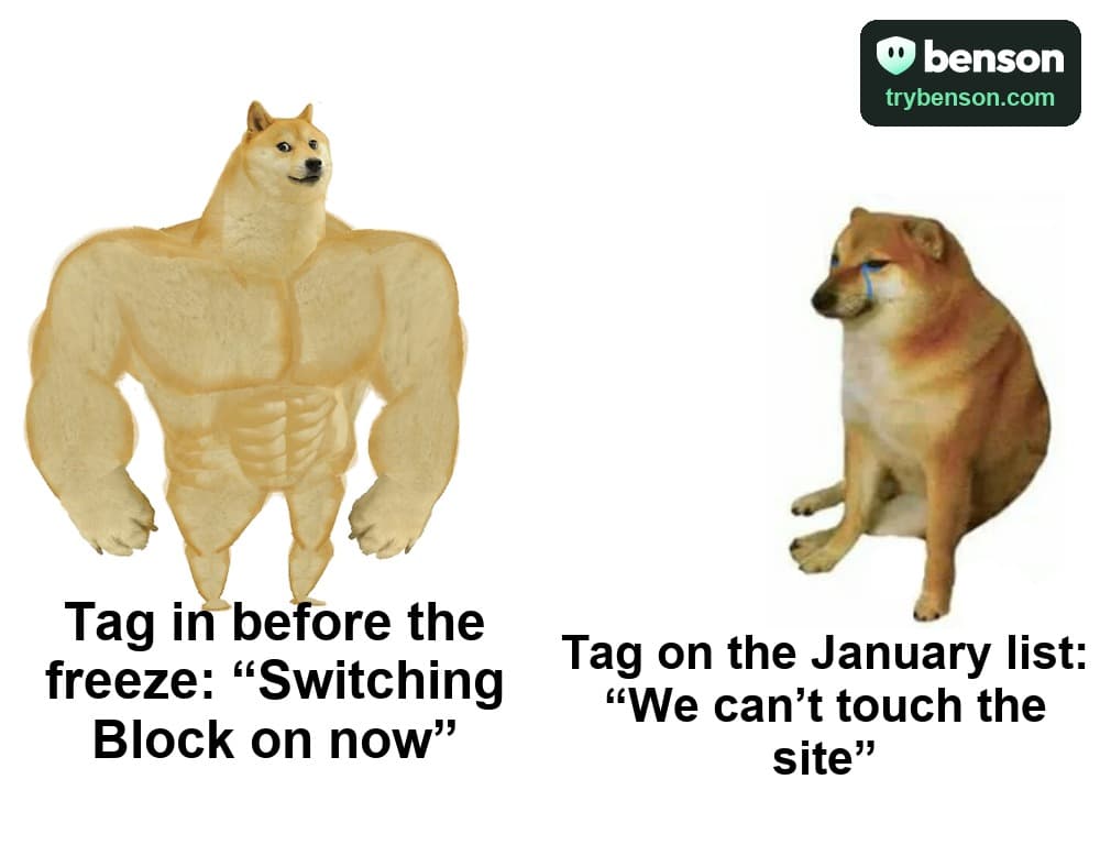 Buff Doge versus Cheems meme: the buff dog, “Tag in before the freeze: ‘Switching Block on now’”, and the small dog, “Tag on the January list: ‘We can’t touch the site’”.