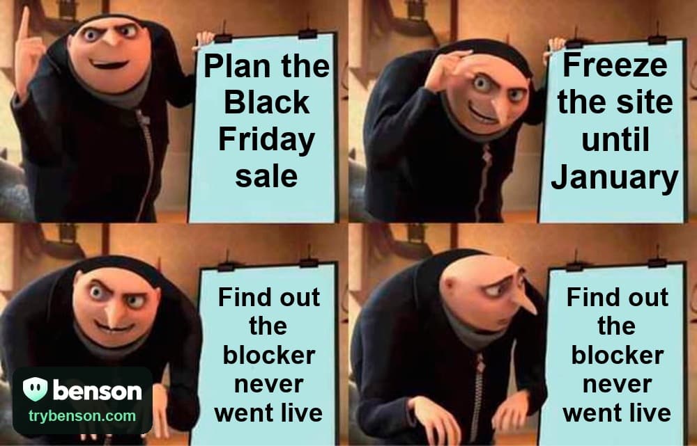 Gru's plan meme: “Plan the Black Friday sale”, “Freeze the site until January”, “Find out the blocker never went live”, and Gru reads it again: “Find out the blocker never went live”.