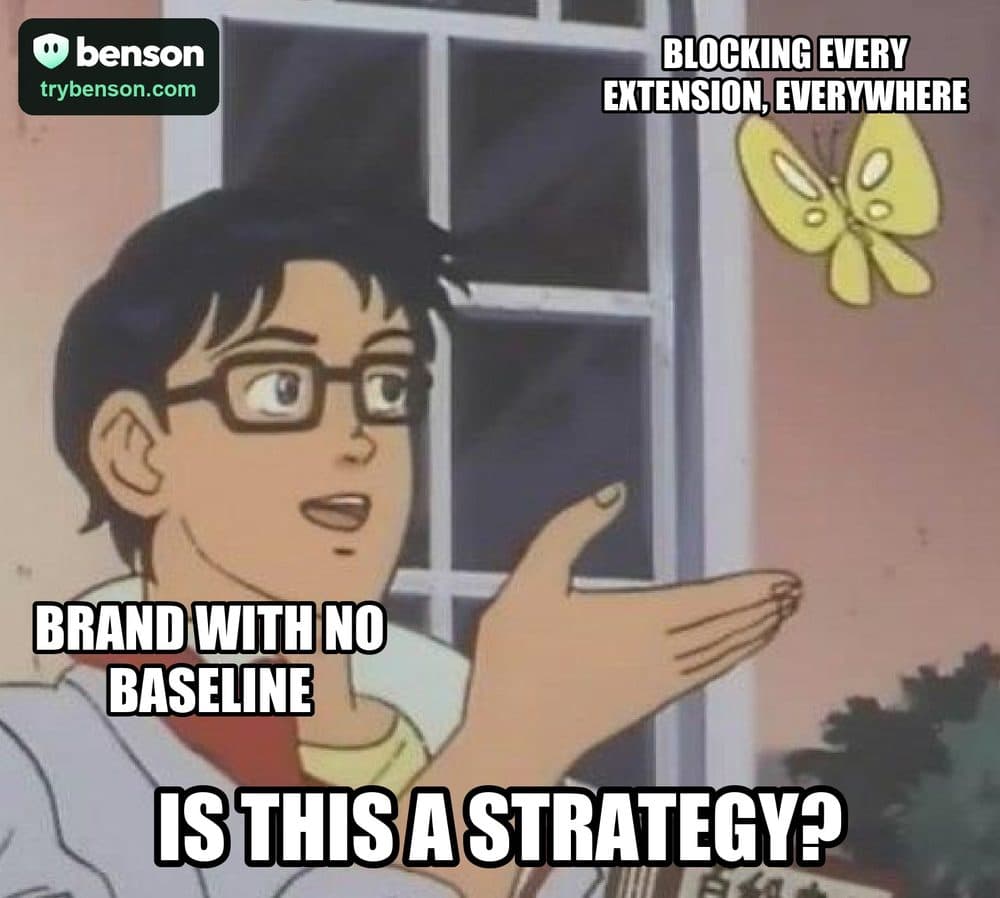 “Is this a pigeon?” meme: the “Brand with no baseline” points at a butterfly labelled “Blocking every extension, everywhere” and asks “Is this a strategy?”